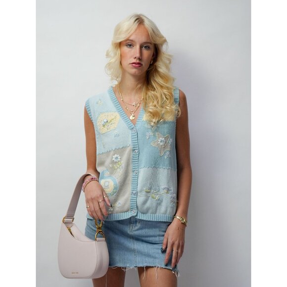 Vintage 90s Tabi Cute Blue Flowers Cardigan Sweater - Picture 6 of 6